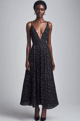 Schwarzes Langes A-Linie Weißes Polka Dots Kleid mit V-Ausschnitt